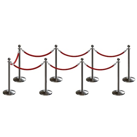 Montour Line Stanchion Post and Rope Kit Sat.Steel, 8 Ball Top7 Red Rope C-Kit-8-SS-BA-7-PVR-RD-PS
